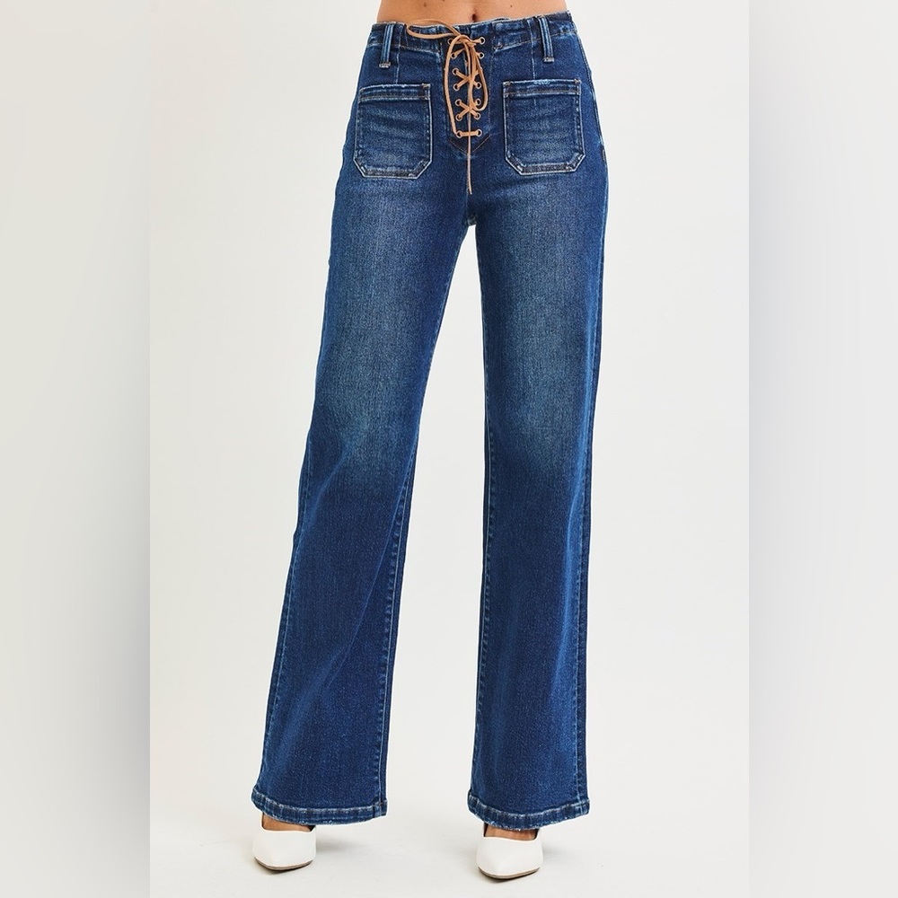 Lace-Up Wide Leg Patch Pocket Jeans – Risen